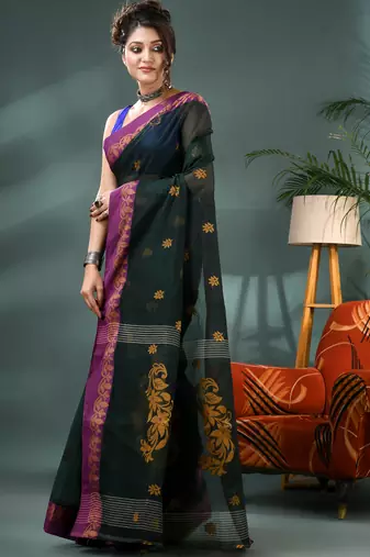 Green bengali cotton handloom tant saree
