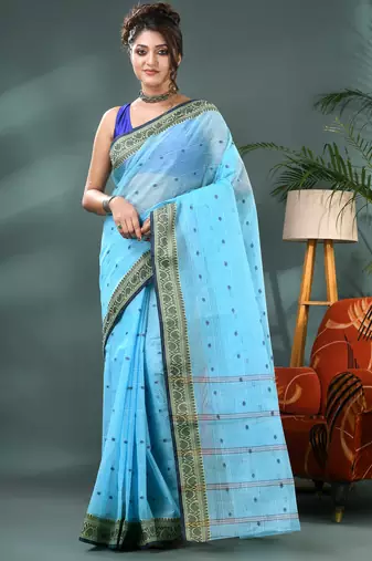 Blue bengali cotton handloom tant saree