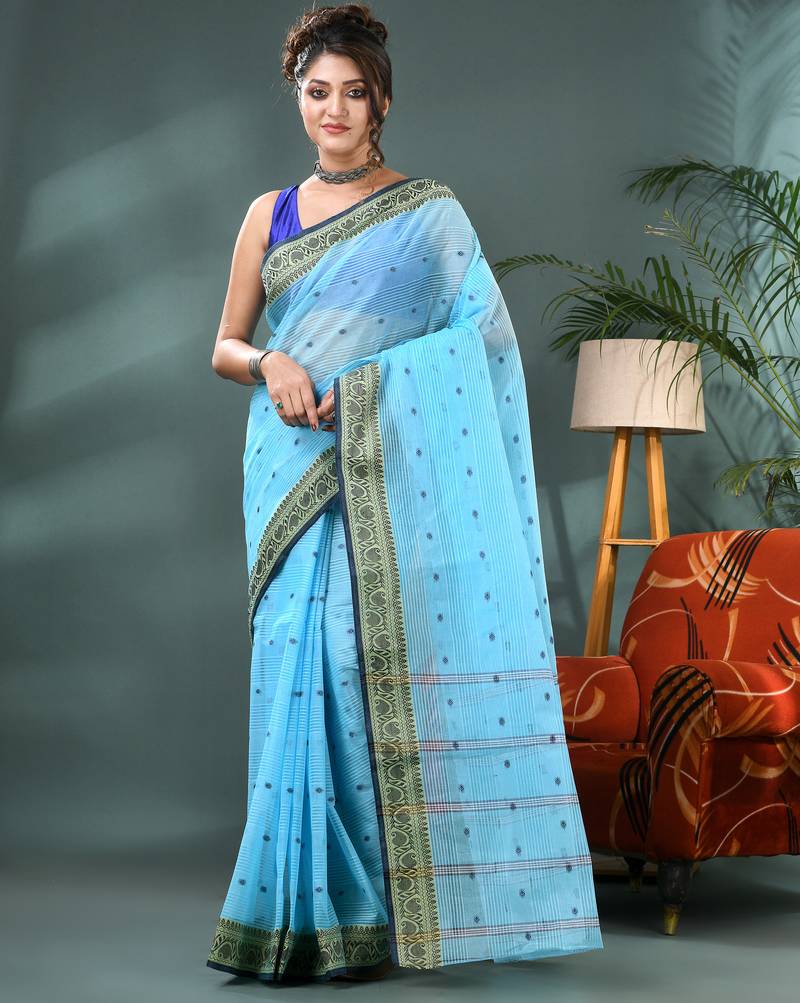 Blue bengali cotton handloom tant saree