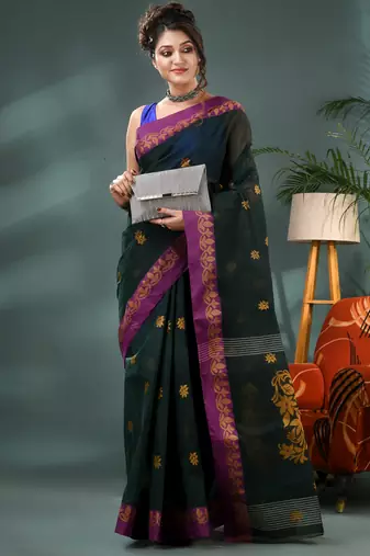 Green bengali cotton handloom tant saree