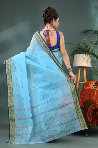 Blue bengali cotton handloom tant saree