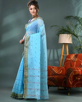 Blue bengali cotton handloom tant saree 3