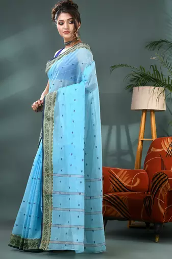 Blue bengali cotton handloom tant saree