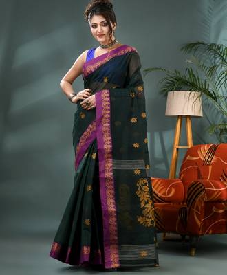 Green bengali cotton handloom tant saree 5