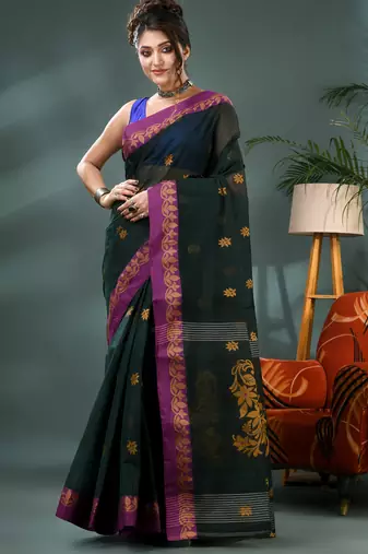 Green bengali cotton handloom tant saree