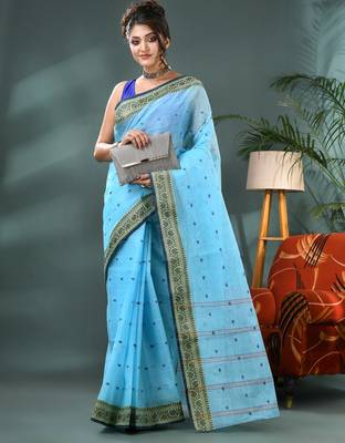 Blue bengali cotton handloom tant saree 4