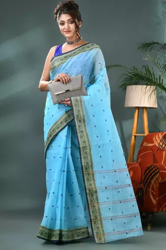 Blue bengali cotton handloom tant saree