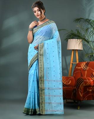 Blue bengali cotton handloom tant saree 5