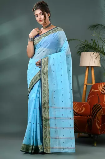 Blue bengali cotton handloom tant saree