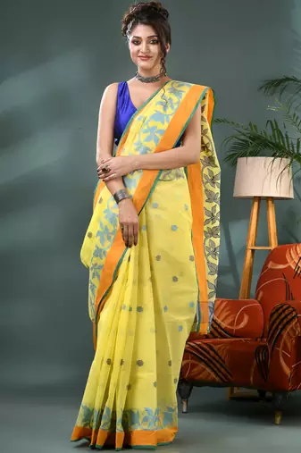 Yellow botanic design cotton handloom saree