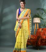 Yellow botanic design cotton handloom saree