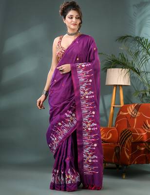 purple cotton handloom saree with blouse piece 1