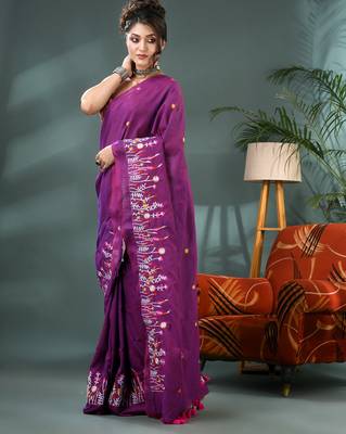 purple cotton handloom saree with blouse piece 3