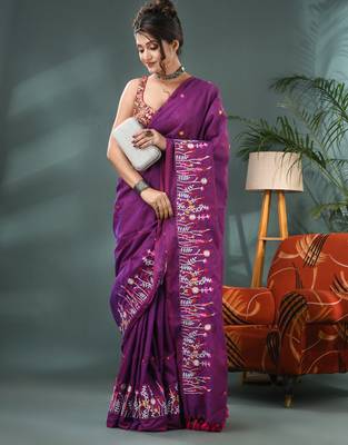purple cotton handloom saree with blouse piece 4
