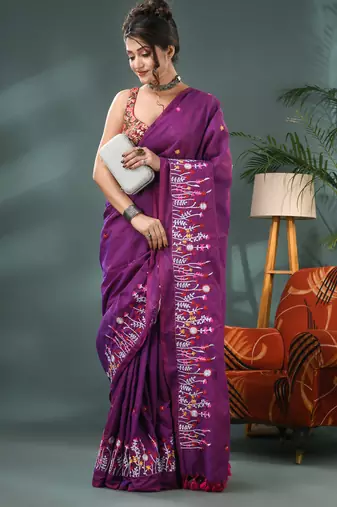 purple cotton handloom saree with blouse piece