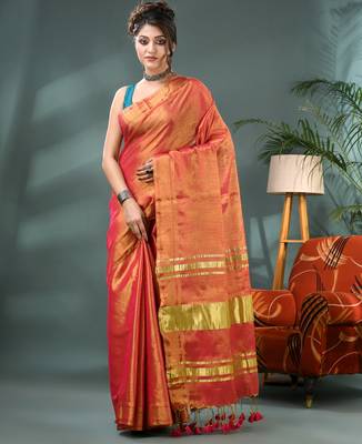 red soft linen tissue silk saree with blouse piece 1