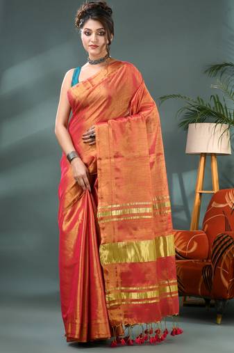 red soft linen tissue silk saree with blouse piece