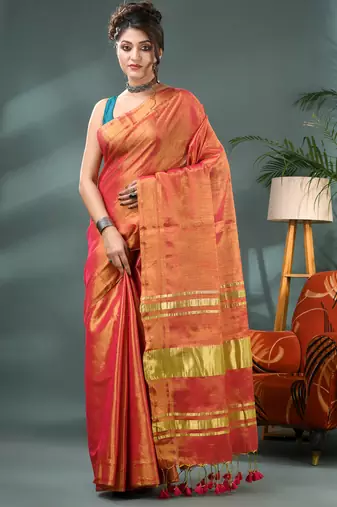 red soft linen tissue silk saree with blouse piece