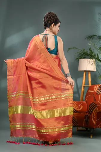 red soft linen tissue silk saree with blouse piece