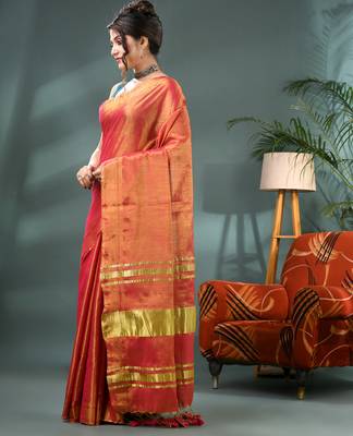 red soft linen tissue silk saree with blouse piece 3