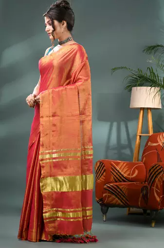 red soft linen tissue silk saree with blouse piece