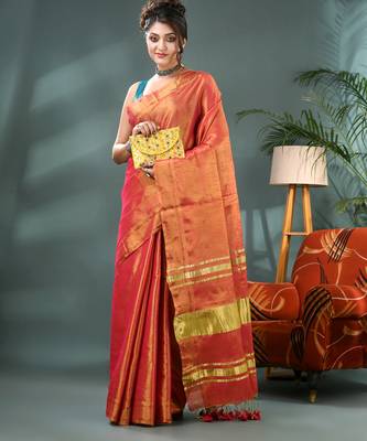red soft linen tissue silk saree with blouse piece 4
