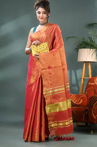 red soft linen tissue silk saree with blouse piece