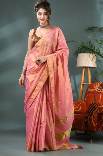 pink soft linen tissue silk saree with blouse piece