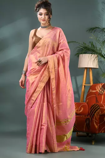 pink soft linen tissue silk saree with blouse piece