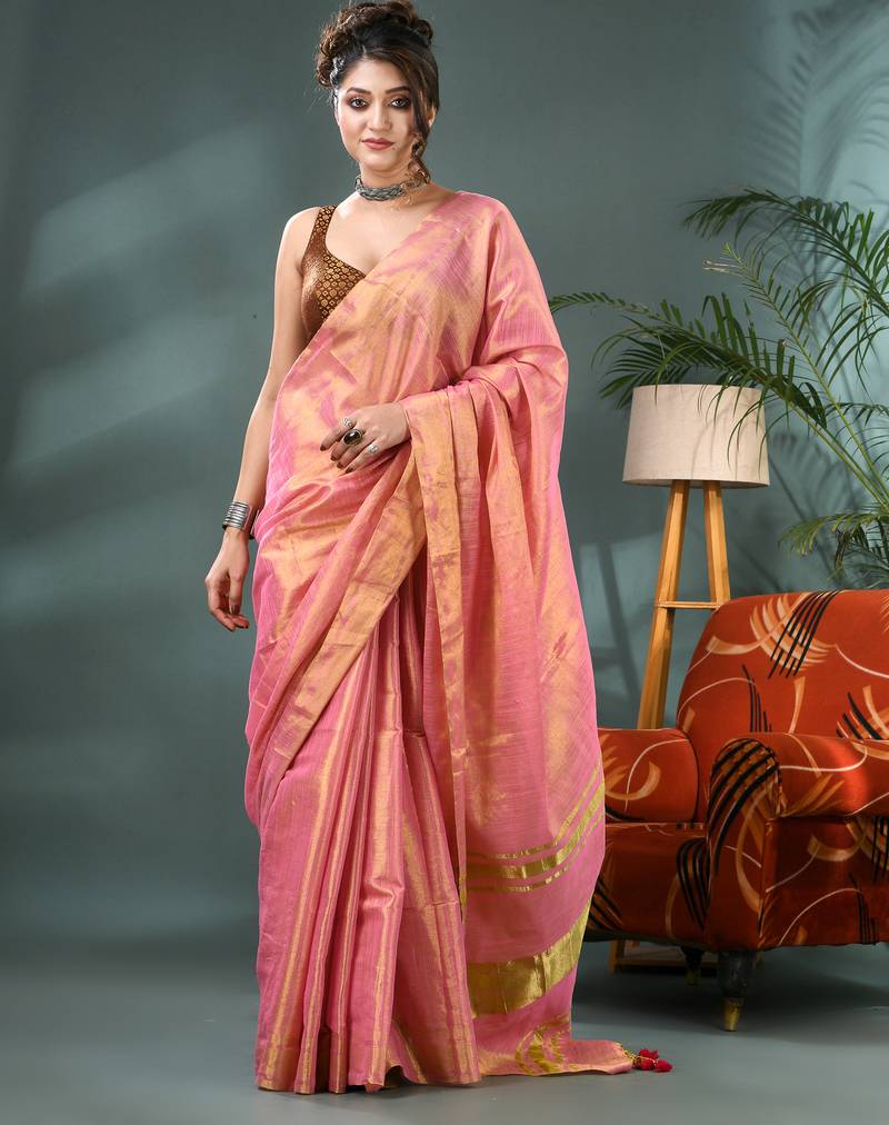 pink soft linen tissue silk saree with blouse piece