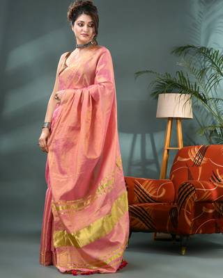 pink soft linen tissue silk saree with blouse piece 3