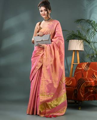 pink soft linen tissue silk saree with blouse piece 4