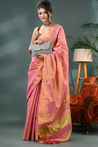 pink soft linen tissue silk saree with blouse piece