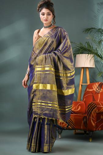 Grey soft linen tissue silk saree with blouse piece
