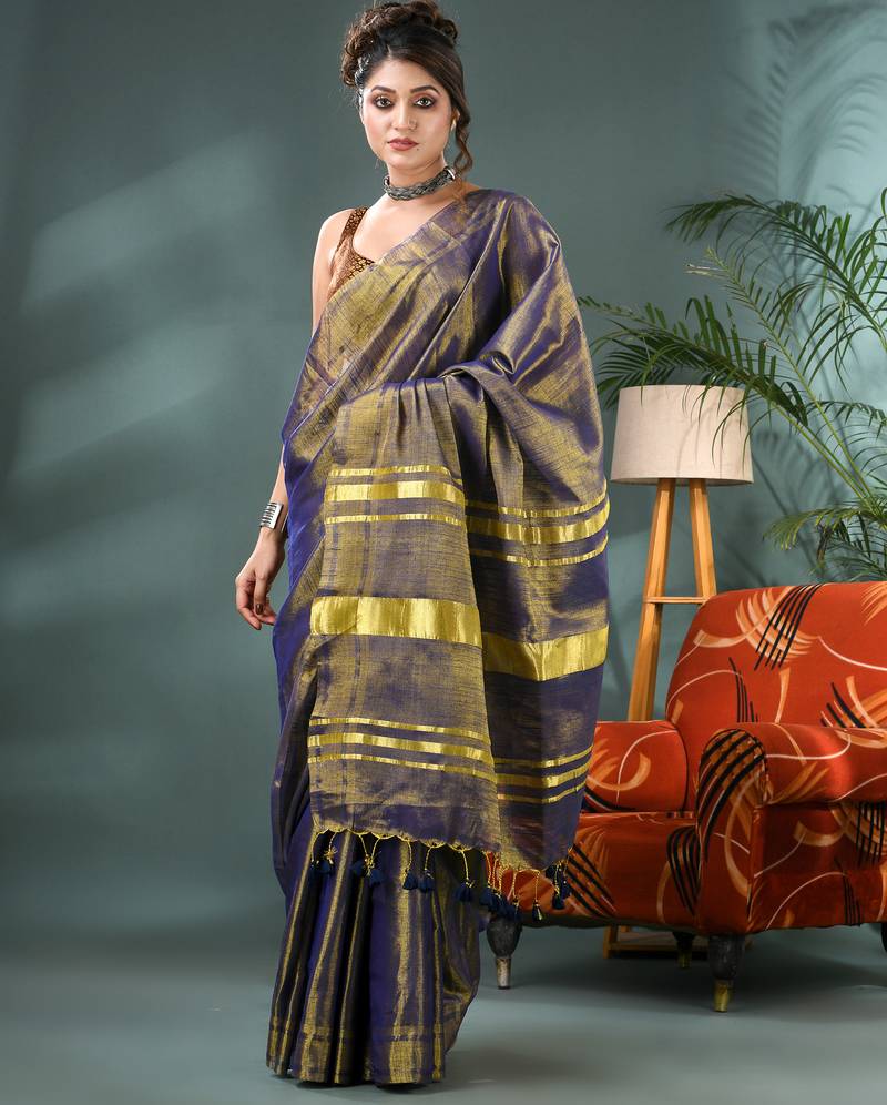 Grey soft linen tissue silk saree with blouse piece