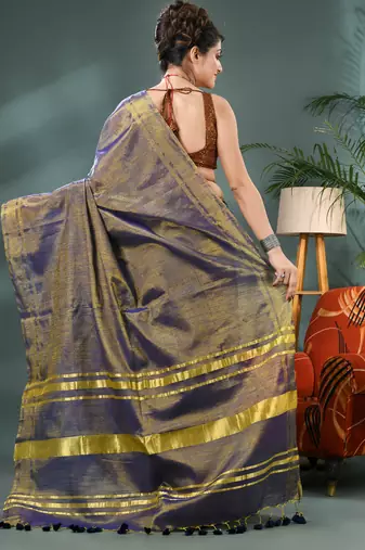 Grey soft linen tissue silk saree with blouse piece