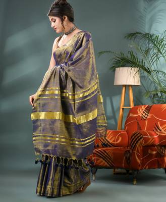 Grey soft linen tissue silk saree with blouse piece 3