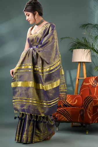 Grey soft linen tissue silk saree with blouse piece