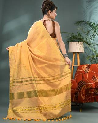 Gold soft linen tissue silk saree with blouse piece 2