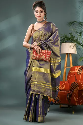 Grey soft linen tissue silk saree with blouse piece