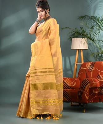 Gold soft linen tissue silk saree with blouse piece 3