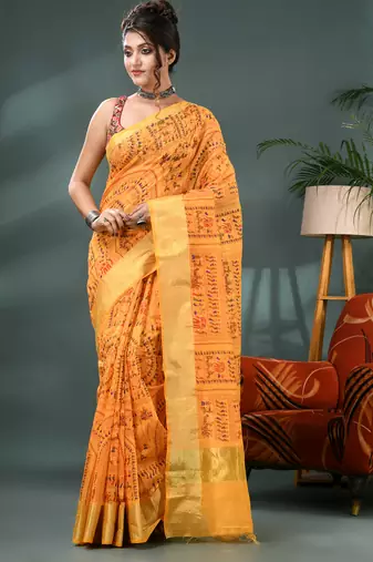 Yellow zari tribal print cotton silk saree with blouse piece