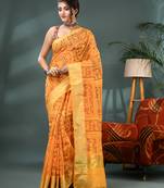 Yellow zari tribal print cotton silk saree with blouse piece