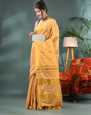 Gold soft linen tissue silk saree with blouse piece 4
