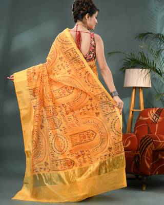 Yellow zari tribal print cotton silk saree with blouse piece 2