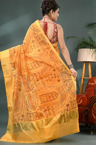 Yellow zari tribal print cotton silk saree with blouse piece