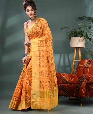 Yellow zari tribal print cotton silk saree with blouse piece 3