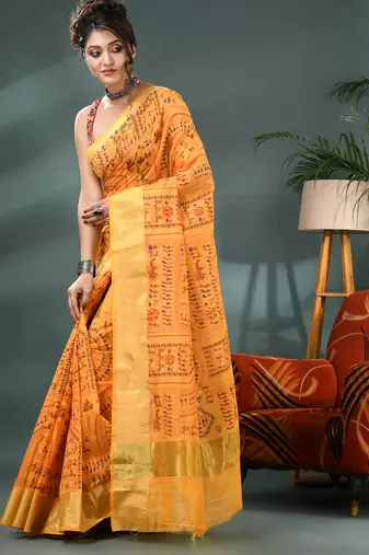 Yellow zari tribal print cotton silk saree with blouse piece
