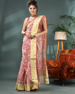 White zari tribal print cotton silk saree with blouse piece 1