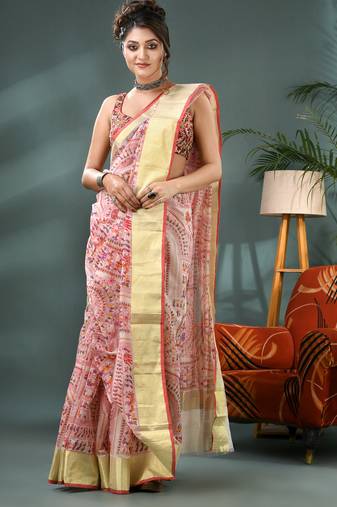 White zari tribal print cotton silk saree with blouse piece